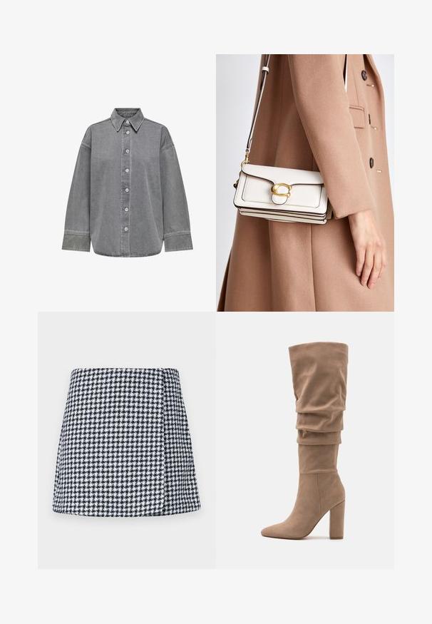 Grå denimskjorta med knapp fram, klassisk krage och långa ärmar med manschetter. Slät textur och avslappnad passform.; Marinblå och vit rutig minikjol, tillverkad av texturerat tyg med en utsvängd form och en dold sidodragkedja för stängning.; Anna Field Stövel - beige; Vit läder crossbody-väska med ett guldspänne, med en strukturerad design, kontrasterande kanter och ett tunt justerbart band.