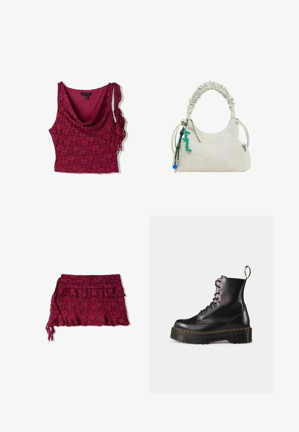 Burgundská čipková blúzka s drapériou na výstrihu, obsahujúca hladkú vnútornú podšívku a asymetrické čipkové ramienka. Texturovaný kvetinový vzor po celom povrchu.; Bordová čipková sukňa s volánovým lemom a vrstveným dizajnom. Má jemnú textúru a nastaviteľný viazací prvok na jednej strane.; Čierne kožené členkové topánky na šnurovanie s masívnou čiernou podrážkou a žltým prešitím. Obsahujú pútko na zadnej strane a okrúhle kovové očká.; Krémová kabelka z imitácie kože s riasenou rúčkou, zipsovým vreckom a zeleným príveskom. Hladká textúra, nenápadne embosovaný logo a elegantný dizajn.