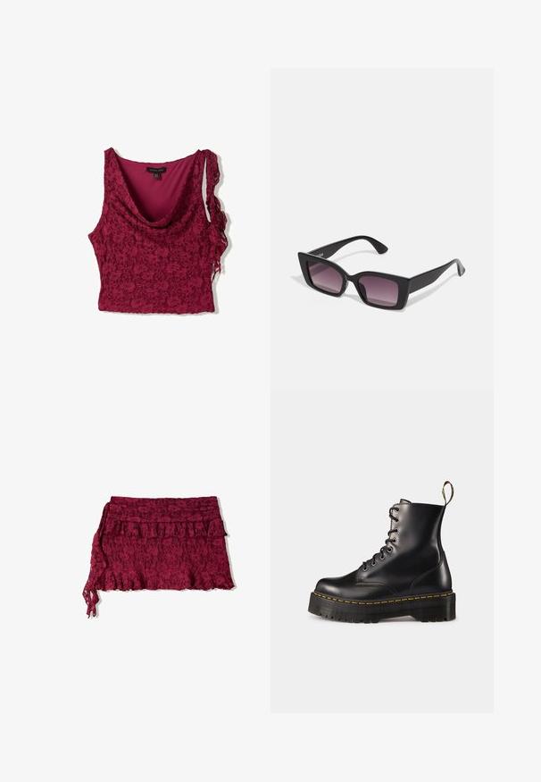 Burgundy spetsblus med en draperad halsringning, som har en slät inre foder och asymmetriska spetsremmar. Texturerat blommönster genom hela plagget.; Burgundyröd spetskjol med en volangkant och lagerdesign. Har en mjuk textur och justerbart band på ena sidan.; Svarta läder snörade anklar med en kraftig svart sula och gul söm. Har en dragflik baktill och runda metallöglor.; Svarta rektangulära solglasögon med gradientlila linser, med en tjock, kantig plastbåge och smala svarta bågar.