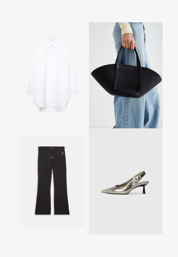 Biela košeľa s dlhým rukávom a zapínaním na gombíky, s ostrým golierom a zakriveným lemom, vystavená na jednoliatom pozadí.; Čierne rozšírené tepláky vyrobené z jemnej látky, s nástrojom na sťahovanie v páse a malým logom pri línii pásu.; Metalická strieborná slingback obuv s špicatou špičkou, malým čiernym podpätkom a detailom pracky na remienku. Hladká kožená textúra.; Čierna kožená kabelka s jedinečným tvarom ventilátora, so plochými držadlami. Povrch má štruktúru s brúseným efektom a minimalistic design.