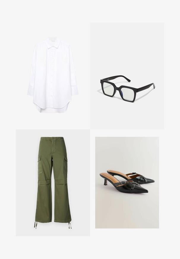 Biela košeľa s dlhým rukávom a zapínaním na gombíky, s ostrým golierom a zakriveným lemom, vystavená na jednoliatom pozadí.; Olivové zelené nohavice typu cargo z bavlny, s voľným strihom, dvomi bočnými vreckami a nastaviteľnými šnúrkami na leme.; Čierne kožené slingback lodičky s špicatými špičkami, s dekoratívnymi popruhmi a akcentmi s očkami, na skromnom stiletto podpätku. Hladká textúra.; Čierne slnečné okuliare s matným povrchom, so priehľadnými šošovkami a jemným modrým odtieňom na jednej strane. Robustný, uhlový dizajn.