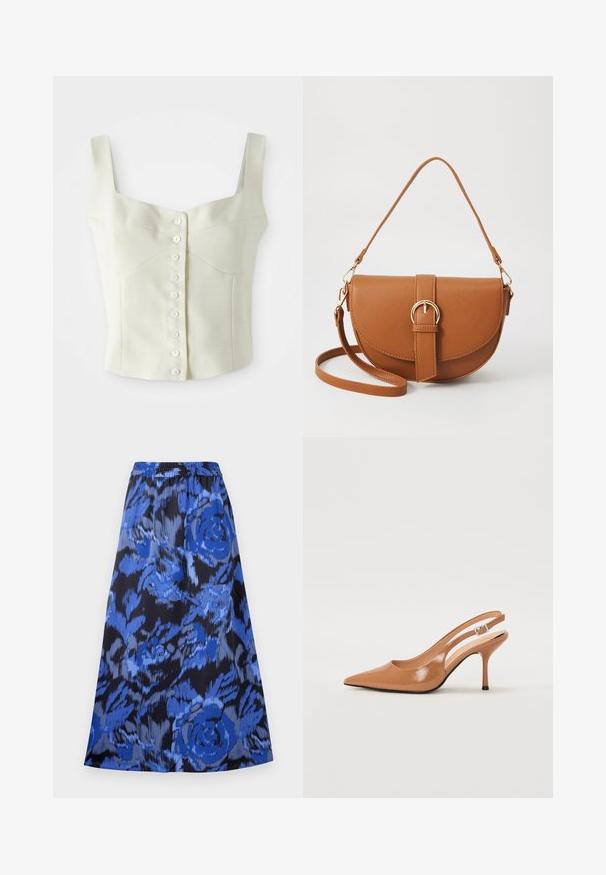 Top corto sin mangas color crema con tirantes anchos y una fila delgada de pequeños botones blancos en el centro.; Falda acampanada con un patrón floral azul sobre un fondo negro. Cintura elástica, tela ligera y diseño a la altura de la rodilla.; Zapato de tacón tipo slingback con punta afilada en un material suave y brillante de color marrón. Presenta un diseño con corte curvado y un tacón de aguja delgado. Detalle de hebilla plateada.; Bolso bandolera de cuero marrón con forma curvada, herrajes dorados y un acento de hebilla. Incluye una correa de hombro desmontable.