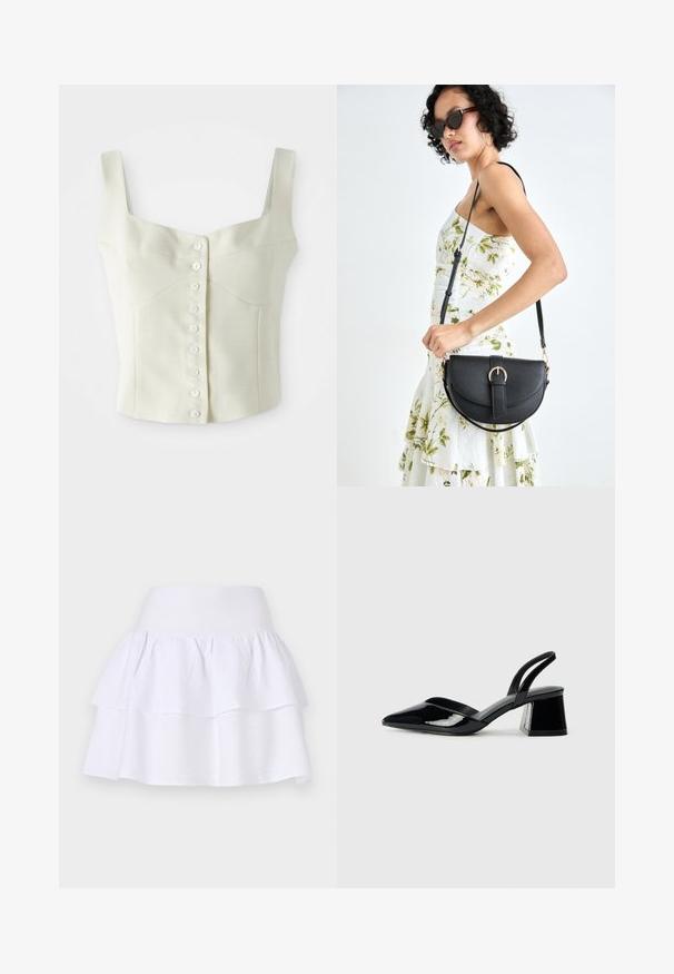 Haut court sans manches couleur crème avec de larges bretelles et une rangée de petits boutons blancs sur le devant.; Jupe blanche à volants en tissu léger, avec un design ample, dotée d'une taille élastique et de deux couches froncées.; Escarpins en cuir verni noir avec bout pointu et talon bloc géométrique. Présente un design élégant et minimaliste ainsi qu'une texture lisse.; Sac à main en cuir noir avec une forme courbée, bandoulière amovible et des accessoires en or. Le sac est doté d'un rabat avec un détail de boucle.