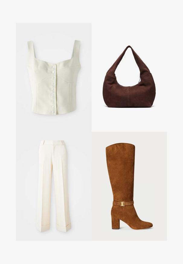 Cream-colored sleeveless cropped top with wide straps and a front row of small white buttons down the center.; Beige wide-leg trousers with a smooth texture, front pleats, and folded cuffs. Features belt loops and a zip fly closure.; Brown suede knee-high boot with a square toe, chunky heel, and a gold-tone buckle detail on a matching suede strap around the ankle.; Brown suede hobo bag with a curved, wide handle and a large opening. Soft texture with visible stitching detailing along the edges.