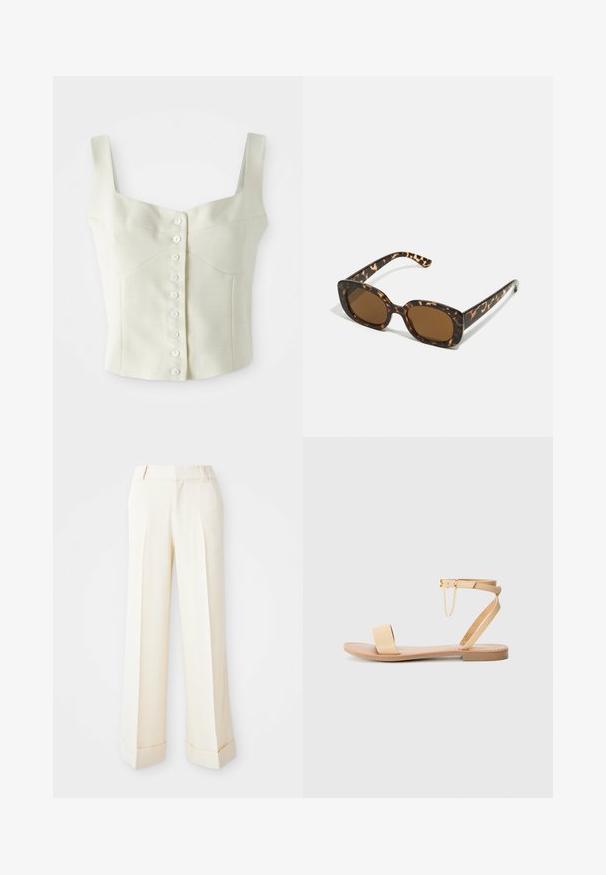 Top corto sin mangas color crema con tirantes anchos y una fila delgada de pequeños botones blancos en el centro.; Pantalones de pierna ancha beige con una textura suave, pliegues frontales y puños doblados. Presentan trabillas para cinturón y cierre con cremallera.; Sandalia plana beige con una sola tira ancha, correa en el tobillo con hebilla y detalle decorativo de cadena. Textura suave similar al cuero y suela plana.; Gafas de sol de carey con un marco redondeado y robusto y lentes marrones. Presentan patrones sutiles y brazos rectos y cónicos.; Bolso hobo de ante marrón con un asa curvada y ancha y una gran apertura. Textura suave con costuras visibles a lo largo de los bordes.