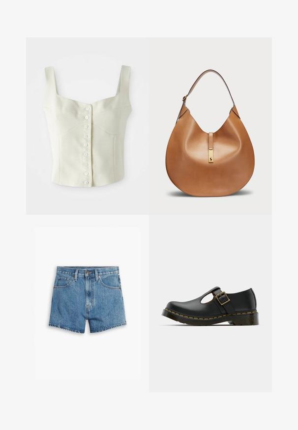 Top cropped sem mangas, na cor creme, com alças largas e uma fileira frontal de pequenos botões brancos ao centro.; Bermudas de ganga em azul claro, com cinco bolsos, fecho de correr e fecho de botão. A bainha está desfiada com um design de corte descontraído.; Sapata de couro preto com um bico arredondado, correia de tornozelo e fivela, salto baixo e costura amarela ao longo da sola. Textura suave em toda a peça.; Bolsa de couro castanha com uma forma curvada e uma alça larga. Apresenta um detalhe em metal dourado no centro e uma textura suave.