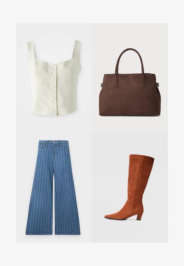 Krémový bezrukávový krCrop top s širokými ramínky a přední řadou malých bílých knoflíků uprostřed.; Džínsy širokého střihu v středně modré denimu s vertikálními pruhy, s knoflíkovým zapínáním, pěti kapsami a prošitím podél švů.; Hnědé semišové nadkolenní boty s špičatou špičkou a malým blokovým podpatkem, s hladkou texturou a minimalistickým designem.; Hnědá taška z faux semiše s dvěma pevnými ušima, strukturovaným tvarem a minimalistickým designem, který obsahuje jemné akcenty šití.