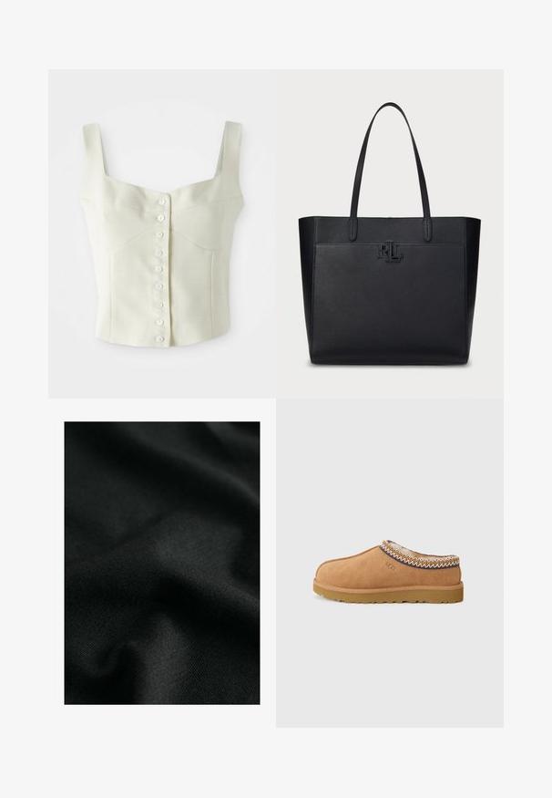 Gaiškrēms bez piedurknēm apgrieztais tops ar platiem siksnām un mazu baltu pogu rindu pa vidu.; Melnas kokvilnas audums ar gludu tekstūru, kurā ir nelieli viļņi un smalki adījuma raksti. Materiāls nodrošina mīkstu, elastīgu krišanu.; Kafijas krāsas zamšādas slip-on kurpes ar teksturētu vilnas oderi un dekoratīvu etniskā stila izšuvumu apkārt izsistumam. Aprīkots ar gumijas zoli.; Melnas ādas soma ar teksturētu virsmu, dubulām rokturiem un iegrieztu "RL" logo priekšpusē. Taisnstūra formas, minimālisma dizains.