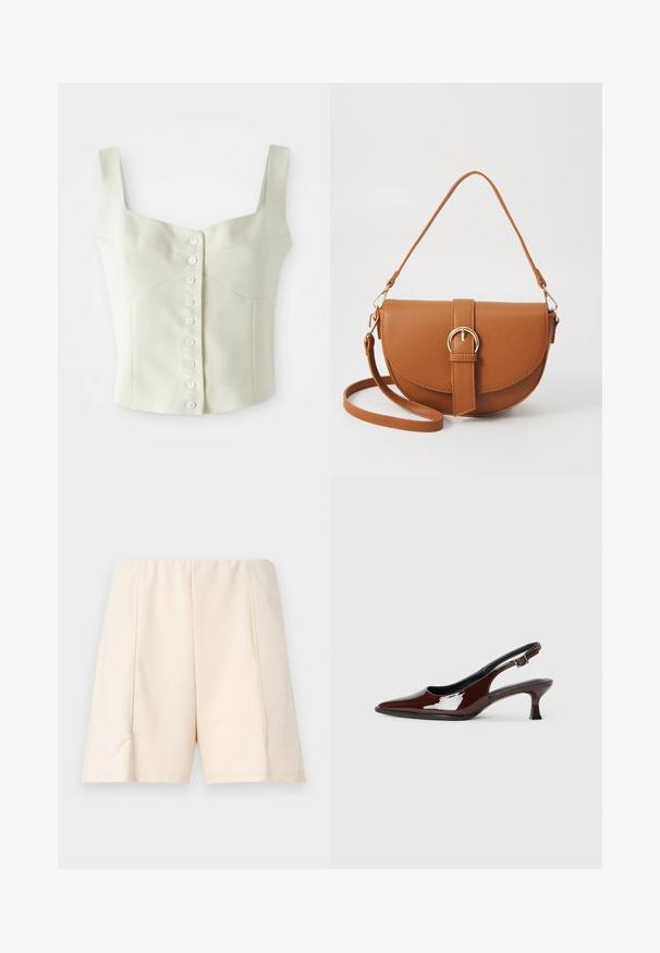 Krémový bezrukávový top skráteného strihu so širokými ramienkami a predným radom malých bielych gombíkov uprostred.; Svetlo béžové šortky s hladkým povrchom, elastickým pásom a bočnými švami. Jednoduchý dizajn bez viditeľných vzorov alebo akcentov.; Hnedá lakovaná slingback obuv s špicatou špičkou a mierne vysokým opätkom. Obsahuje pracku pre bezpečné upevnenie. Hladká textúra.; Hnedá kožená kabelka cez telo s zakriveným tvarom, zlatými kovovými doplnkami a akcentom s prackou. Obsahuje odnímateľný ramenný popruh.