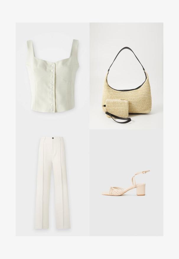 Gaiškrēms bez piedurknēm apgrieztais tops ar platiem siksnām un mazu baltu pogu rindu pa vidu.; Baltas, plašs kāju bikses ar augstu jostas vietu, ar diviem priekšējiem krokām, vienu pogu aizdari un kabatām. Gluda auduma tekstūra.; Bežīgas sandales ar papēdi, ar kvadrātveida purngalu, savītu priekšējo dizainu, potītes siksniņu un blokveida papēdi. Gluda faktūra, minimālisma stils.; Auduma salmu rokassoma ar izliekta siluetu, kas ir aprīkota ar gludu melnu ādas rokturi un atbilstošu mazu maciņu, kas piestiprināts pie plaukstas siksniņas.