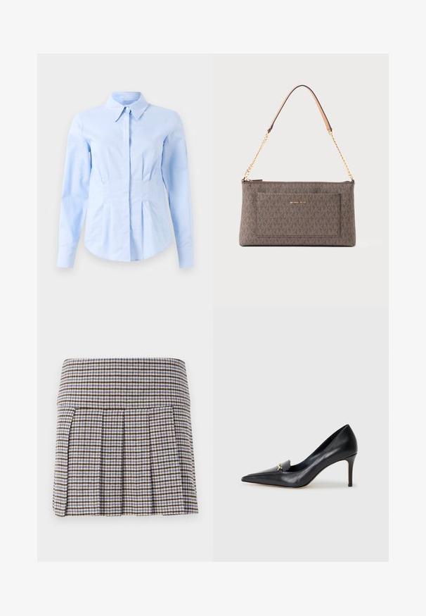 Gai zila garām piedurknēm pieguloša krekls ar norādītu apkakli un slēptiem priekšējiem pogām, pielāgota josta un pogāmas aproces.; Plisēts svārku dizains ar brūnu, bēšu un zilu rūtainu rakstu. Izgatavots no teksturēta auduma ar pieguļošu jostas daļu un dekoratīviem plisējumiem.; Melnas ādas sūkņi ar norādītu pirkstu, zemu griezumu un dekoratīvu zelta akcentu. Iezīmējas ar stiletto papēdi un gludu tekstūru.; Brūns taisnstūra formas Michael Kors maciņš ar atkārtojošu logotipa rakstu, zelta ķēdes siksna ar ādas plecu spilventiņu un priekšējo kabatu ar zīmola nosaukumu.