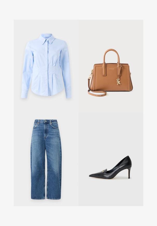 Lyseblå langærmet fitted skjorte med spidse kraver og skjulte frontknapper, skræddersyet talje og knaplukninger ved håndleddene.; Bredde ben blå denim jeans med høj talje, klassisk femlomme-design og synlig forstærket syning langs sømme.; Sorte læderpumps med spids tå, lav udskæring og dekorativ guldaccent. Har en stiletthæl og glat tekstur.; Brun læderhåndtaske med dobbelte håndtag, aftagelig rem, guldfarvet "MK" charme og Michael Kors-logo foran.