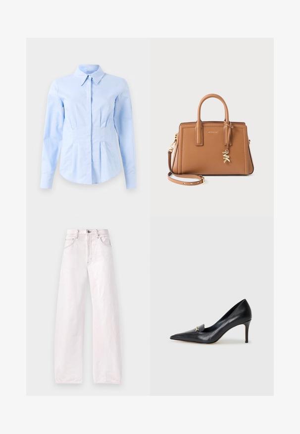 Camisa ajustada de manga larga en azul claro, con cuello puntiagudo y botones frontales ocultos, cintura entallada y puños abotonados.; Jeans de pierna ancha en denim de color rosa claro, con una cintura alta, diseño de cinco bolsillos y sutiles detalles de costura a lo largo de las costuras.; Zapato de piel negra con punta afilada, escote bajo y un detalle decorativo dorado. Cuenta con un tacón de aguja y textura suave.; Bolso de cuero marrón con asas dobles, correa desmontable, charm en tono dorado con "MK" y el logo de Michael Kors en la parte frontal.
