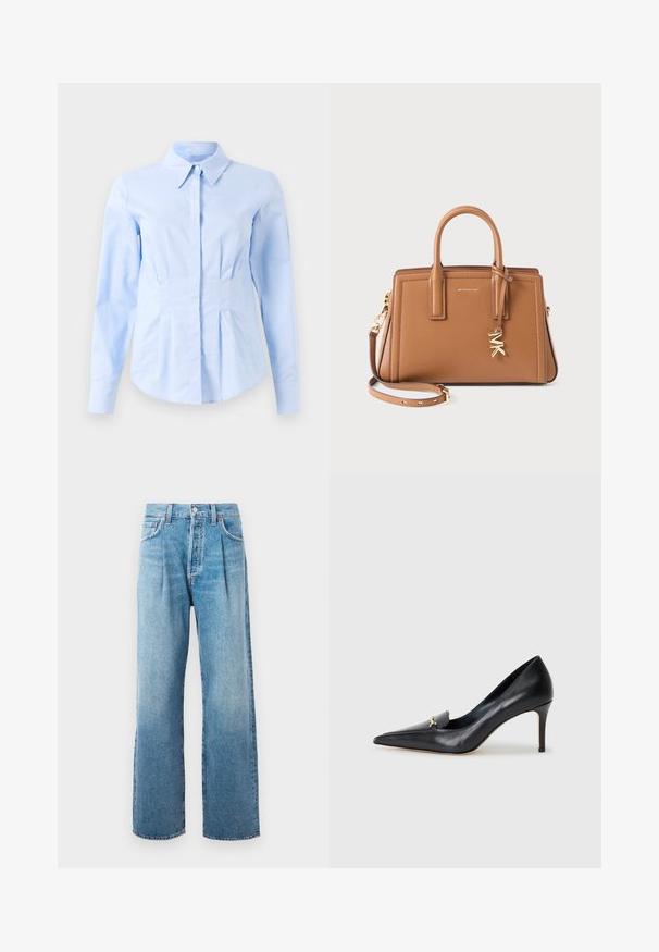 Cămașă fitted cu mânecă lungă de culoare albastru deschis, cu guler ascuțit și butoane frontale ascunse, talie croită și manșete cu nasturi.; Jeans dreapta cu talie înaltă de culoare albastru deschis, cu pliuri frontale, cinci buzunare, închidere cu buton și cusături vizibile pe un fundal alb.; Pantof cu toc din piele neagră, cu vârf ascuțit, decolteu adânc și un accent decorativ auriu. Prezintă un toc stiletto și o textură netedă.; Geantă de piele maro cu mânere duble, curea detașabilă, charm din metal auriu cu sigla "MK" și logo-ul Michael Kors pe față.