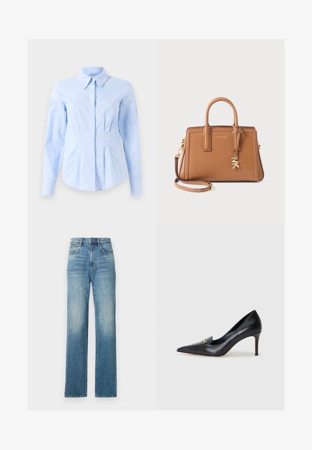 Gai zila garām piedurknēm pieguloša krekls ar norādītu apkakli un slēptiem priekšējiem pogām, pielāgota josta un pogāmas aproces.; Gai zila džinsu bikses ar platām kājām un nodiluma efektu, ar piecām kabatām, pogu aizdari un kontrastējošu šuvju detaļām.; Melnas ādas sūkņi ar norādītu pirkstu, zemu griezumu un dekoratīvu zelta akcentu. Iezīmējas ar stiletto papēdi un gludu tekstūru.; Brūna ādas rokas soma ar divām rokturiem, noņemamu siksnu, zelta krāsas "MK" piekariņu un Michael Kors logo priekšpusē.