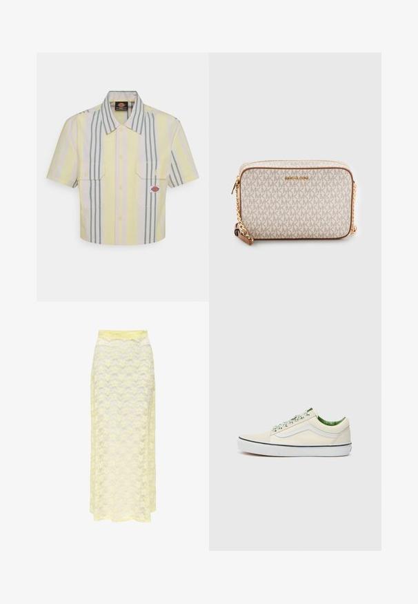 Camisa de mangas cortas recortada en amarillo claro con rayas verticales verdes y en tonos pastel. Presenta dos bolsillos en el pecho y un parche con el logo en el bolsillo izquierdo.; Falda maxi amarilla de encaje con un patrón ondulado, que cuenta con una cinturilla lisa y una textura suave y translúcida. Diseñada para una silueta ligera y fluida.; Zapatilla baja de lona beige con acentos verdes, suela de goma blanca y cordones con patrón. Presenta un diseño de franjas en el costado.; Bolso bandolera beige hecho de lona con un patrón repetitivo del logo MK, con herrajes dorados y una correa de cadena. Cuenta con un cierre de cremallera y acentos de cuero.