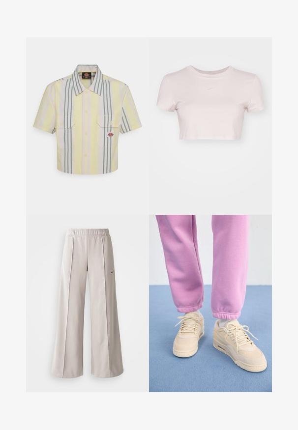 Lyhyet hihat, vaaleankeltainen lyhythihainen paita, jossa on pystysuorat vihreät ja pastelliväriset raidat. Ominaisuuksiin kuuluu kaksi rintataskua ja logo-pleksi vasemmassa taskussa.; Lyhyt vaaleanpunainen t-paita, joka on valmistettu pehmeästä kankaasta. Siinä on pyöreä pääntie ja lyhyet hihat, sekä pieni valkoinen Nike-logo rinnassa.; Vaaleanharmaat leveälahkeiset housut, jotka on valmistettu sileästä kankaasta. Niissä on joustava vyötärö ja musta Nike-logo vasemmalla puolella.; Beige lenkkarit, joissa on teksturoitu yläosa, pehmustettu kieli ja nauhakiinnitys, yhdistettynä tapered-vaaleanpunaisiin collegehousuihin, joissa on ribattu helma.