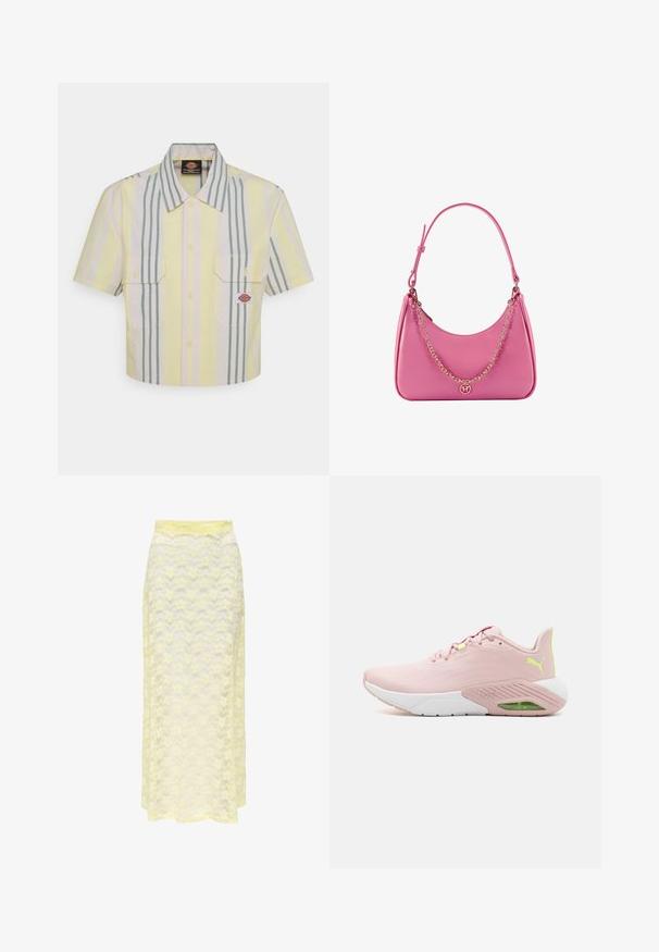Skórzana koszula z krótkim rękawem w jasnym żółtym kolorze z pionowymi zielonymi i pastelowymi paskami. Posiada dwie kieszenie na piersi oraz naszywkę z logo na lewej kieszeni.; Czarny top bez ramiączek wykonany z elastycznej tkaniny, z dużym neonowo-żółtym logo "KANI" pośrodku. Gładka faktura z minimalną ilością szwów.; Żółta maxi spódnica z koronką o falistym wzorze, z gładkim pasem w talii i miękką, przezroczystą fakturą. Zaprojektowana z myślą o zwiewnej sylwetce.; Różowe buty sportowe z gładką cholewką, białą podeszwą, zielonym akcentem i perforowanymi detalami. Posiadają amortyzowaną piętę i sznurowaną konstrukcję.; Różowa syntetyczna torba na ramię o zaokrąglonym kształcie, gładkiej fakturze, odpinanym łańcuszku oraz okrągłym detalem z logo na froncie.