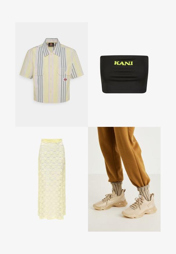 Skórzana koszula z krótkim rękawem w jasnym żółtym kolorze z pionowymi zielonymi i pastelowymi paskami. Posiada dwie kieszenie na piersi oraz naszywkę z logo na lewej kieszeni.; Czarny top bez ramiączek wykonany z elastycznej tkaniny, z dużym neonowo-żółtym logo "KANI" pośrodku. Gładka faktura z minimalną ilością szwów.; Żółta maxi spódnica z koronką o falistym wzorze, z gładkim pasem w talii i miękką, przezroczystą fakturą. Zaprojektowana z myślą o zwiewnej sylwetce.; Beżowe buty sportowe z siateczkową cholewką, ozdobnymi błyskotkami i grubą gumową podeszwą. W zestawie z beżowymi skarpetami w paski i brązowymi spodniami dresowymi.