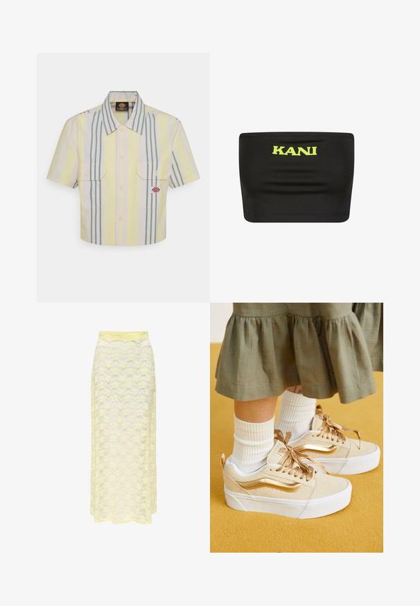 Skratka s kratkimi rokavi v svetlo rumeni barvi z vertikalnimi zelenimi in pastelno obarvanimi črtami. Ima dve žepu na prsih in logotipni znački na levem žepu.; Črn brezramni top iz raztegljive tkanine z velikim neonsko rumenim logotipom "KANI" na sredini. Gladka tekstura z minimalnimi šivi.; Rumena čipkasta maksi krila z valovitim vzorcem, ki ima gladko pasnico in mehak, prozoren material. Oblikovana za lahkotno silhueto.; Vans KNU STACK - Čevlji za rolkanje - high shine gold