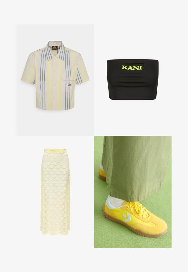 Zastrihnutá košeľa s krátkym rukávom v svetložltej farbe s vertikálnymi zelenými a pastelovými pruhmi. Obsahuje dve náprsné vrecká a nášivku s logom na ľavom vrecku.; Čierny bezramienkový top vyrobený z elastického materiálu s veľkým neonovo žltým logom "KANI" v strede. Hladká textúra s minimálnymi švami.; Žltá čipková maxi sukňa s vlnitým vzorom, s hladkým pásom a jemnou, priesvitnou textúrou. Navrhnutá pre vzdušný siluet.; Converse RUN STAR TRAINER - Tenisky - golden wren/winter slay/egret