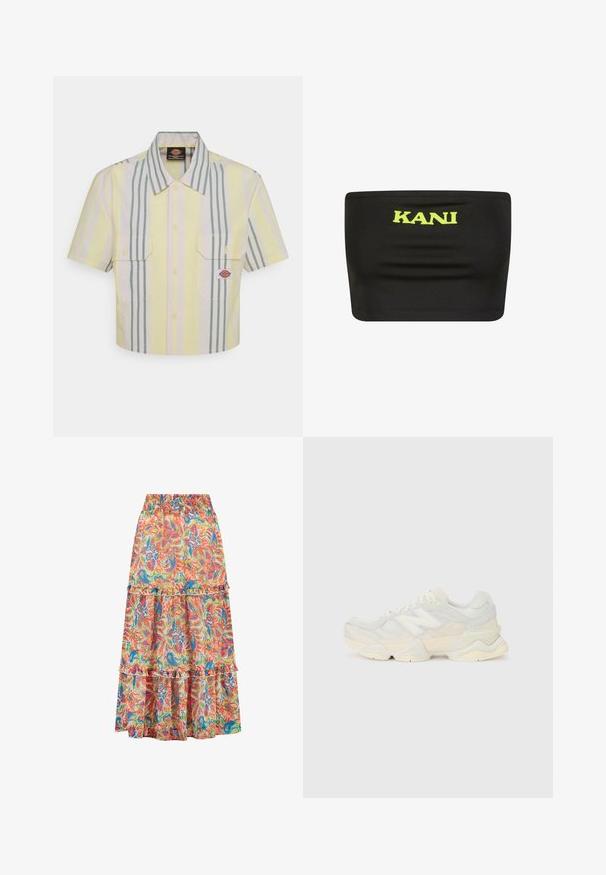 Skratka s kratkimi rokavi v svetlo rumeni barvi z vertikalnimi zelenimi in pastelno obarvanimi črtami. Ima dve žepu na prsih in logotipni znački na levem žepu.; Črn brezramni top iz raztegljive tkanine z velikim neonsko rumenim logotipom "KANI" na sredini. Gladka tekstura z minimalnimi šivi.; Troslojna cvetna krila z elastiko v pasu, lahkotna tkanina in mešanica živahnih barv, vključno z rdečo, modro in zeleno.; Lahki športni čevlji z zgornjim delom iz mrežastega materiala in antilopa v nežnih kremnih tonih, z debelim podplatom in tridimenzionalnimi poudarki.