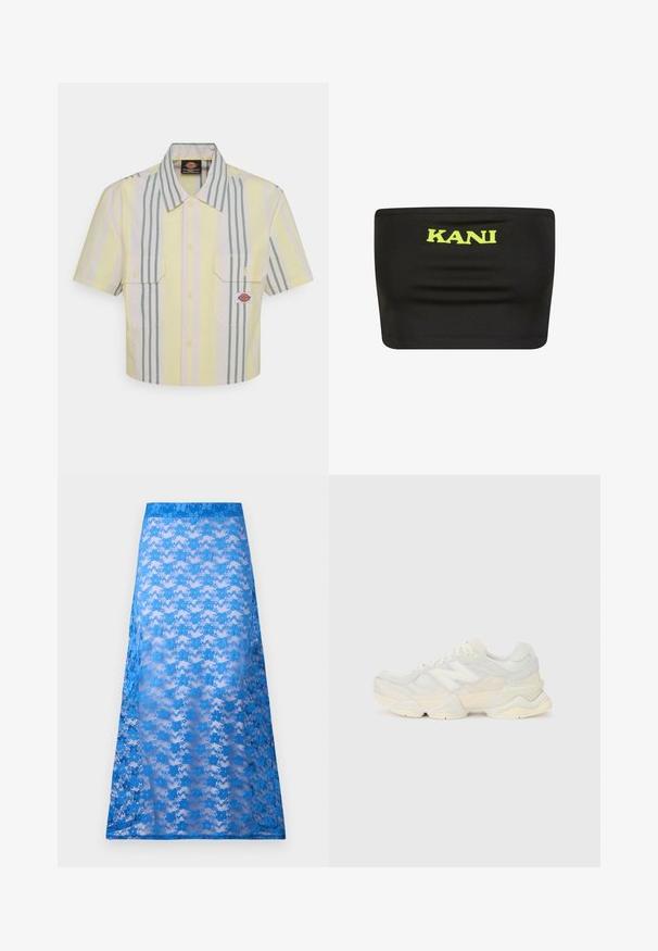 Skratka s kratkimi rokavi v svetlo rumeni barvi z vertikalnimi zelenimi in pastelno obarvanimi črtami. Ima dve žepu na prsih in logotipni znački na levem žepu.; Črn brezramni top iz raztegljive tkanine z velikim neonsko rumenim logotipom "KANI" na sredini. Gladka tekstura z minimalnimi šivi.; Modra čipkasta maxi krila s prozorno teksturo, ki ima cvetlični vzorec in enobarven modri pas. Nežno se spušča od bokov do roba.; Lahki športni čevlji z zgornjim delom iz mrežastega materiala in antilopa v nežnih kremnih tonih, z debelim podplatom in tridimenzionalnimi poudarki.