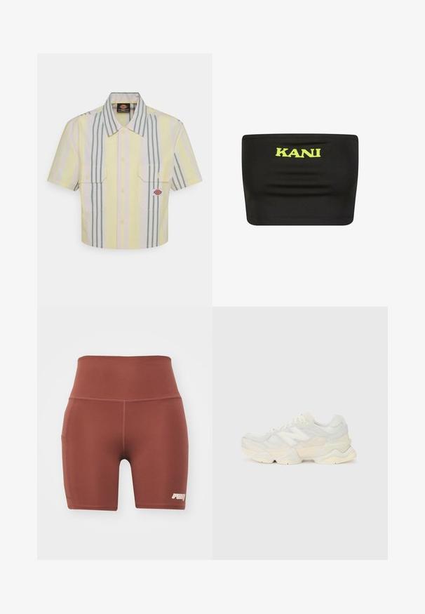 Skratka s kratkimi rokavi v svetlo rumeni barvi z vertikalnimi zelenimi in pastelno obarvanimi črtami. Ima dve žepu na prsih in logotipni znački na levem žepu.; Črn brezramni top iz raztegljive tkanine z velikim neonsko rumenim logotipom "KANI" na sredini. Gladka tekstura z minimalnimi šivi.; Rjave športne kratke hlače s prilegajočim krojem in visokim pasom, izdelane iz gladkega materiala. Imajo stransko žep in majhen logotip v spodnjem desnem kotu.; Lahki športni čevlji z zgornjim delom iz mrežastega materiala in antilopa v nežnih kremnih tonih, z debelim podplatom in tridimenzionalnimi poudarki.