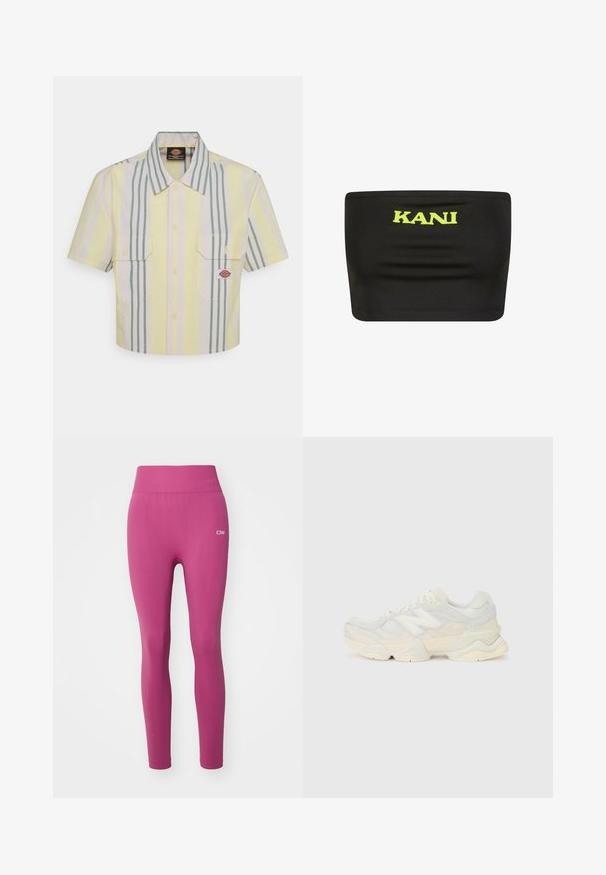 Šviesiai geltona trumpomis rankovėmis marškinėliai su vertikaliomis žaliomis ir pastelinių spalvų juostelėmis. Yra dvi krūtinės kišenės ir logotipo aplikacija kairėje kišenėje.; Juodas strapless viršus, pagamintas iš tamprios medžiagos, su dideliu neoninės geltonos spalvos "KANI" logotipu centre. Lygus paviršius su minimaliais siūlės.; Tinkamos, aukšto liemens legginsai ryškiai rožinės spalvos. Yra lygaus paviršiaus, sustiprinta siūlės ir mažas baltas logotipas ant liemens juostos.; Lengvas sportinis batelis su tinklinio ir zomšinės viršutine dalimi švelniu kremo atspalviu, turi masyvų pado dizainą ir trimatį akcentą.