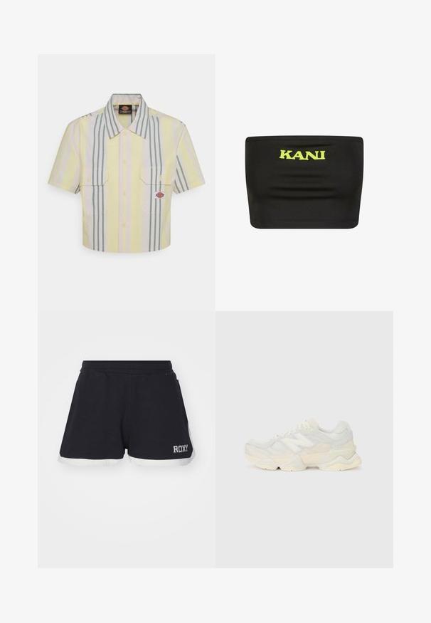 Zastrihnutá košeľa s krátkym rukávom v svetložltej farbe s vertikálnymi zelenými a pastelovými pruhmi. Obsahuje dve náprsné vrecká a nášivku s logom na ľavom vrecku.; Čierny bezramienkový top vyrobený z elastického materiálu s veľkým neonovo žltým logom "KANI" v strede. Hladká textúra s minimálnymi švami.; Čierne šortky s bielym lemom. Vyrobené z mäkkého materiálu, majú elastický pás a logo "ROXY" na spodnej strane.; Ľahká teniska s vrchom z nylonovej sieťoviny a zamatovej kože v jemných krémových odtieňoch, so robustnou podrážkou a trojrozmernými akcentmi.