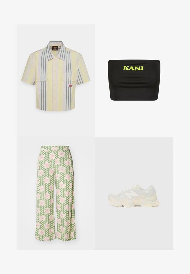 Kraftet kortermet skjorte i lys gul med vertikale grønne og pastellstriper. Har to brystlommer og et logo-patch på venstre lomme.; Svart stroppeløs topp laget av elastisk stoff, med en stor neongul "KANI"-logo i midten. Glatt tekstur med minimale sømmer.; Bredde bukser i et grønt stof med et bølgende mønster og pink blomster. Livremmen er flad, hvilket forbedrer det afslappede design.; Lett sneaker med en overdel i mesh og semsket skinn i myke kremtoner, med en kraftig såle og tredimensjonale detaljer.