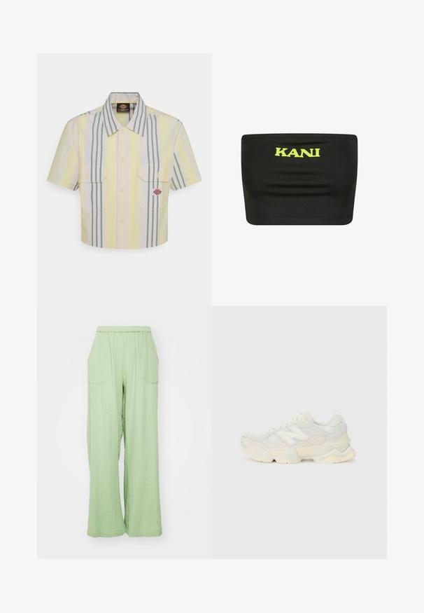 Cropped short-sleeve shirt in light yellow with vertical green and pastel stripes. Features two chest pockets and a logo patch on the left pocket.; Black strapless top made of stretchy fabric featuring a large neon yellow "KANI" logo at the center. Smooth texture with minimal seams.; Light green, wide-leg pants with an elastic waistband, textured fabric, and two front pockets. The design features a relaxed fit.; Lightweight sneaker featuring a mesh and suede upper in soft cream tones, with a chunky sole and three-dimensional accents.