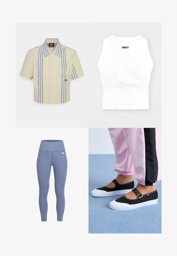 Camicia a maniche corte tagliata in giallo chiaro con strisce verticali verdi e pastello. Presenta due tasche sul petto e una toppa con logo sulla tasca sinistra.; Obey Clothing BOLD - Top - white; Leggings elasticizzati a vita alta in un morbido tessuto blu, con una tasca laterale e una dettagliata cucitura sottile. Presentano un piccolo logo in vita.; Scarpe da ginnastica nere con suola bianca, caratterizzate da un design con ritagli e una fascia con fibbia dorata. Indossate con pantaloni da tuta rosa.