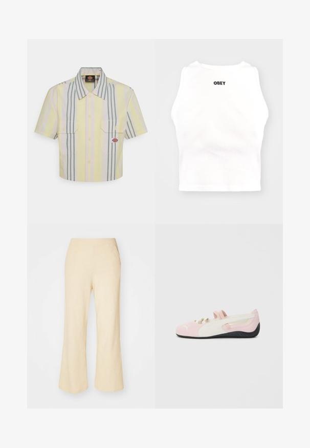 Camicia a maniche corte tagliata in giallo chiaro con strisce verticali verdi e pastello. Presenta due tasche sul petto e una toppa con logo sulla tasca sinistra.; Obey Clothing BOLD - Top - white; Pantaloni beige chiaro a gamba larga in tessuto testurizzato, con una vita elastica e due tasche laterali.; Scarpa slip-on in suede rosa con accenti bianchi, suola in gomma e fasce elastiche. Presenta un design 'texture' e un piccolo logo sulla parte anteriore.