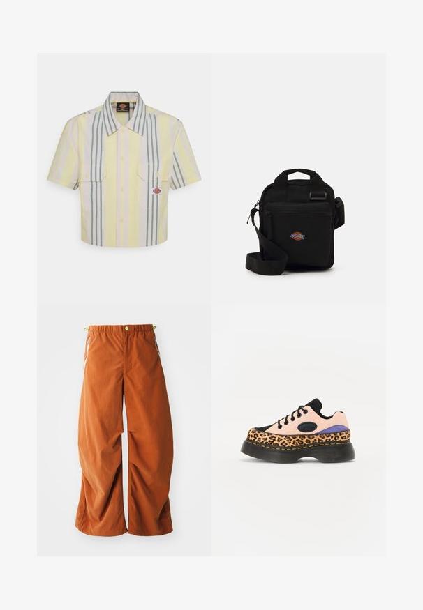 Rövid ujjú, világos sárga, függőleges zöld és pasztell csíkos ing. Két mellzsebével és logóval a bal oldali zseben.; Narancsszínű, bő szárú nadrág, gumis derékkal, oldalsó cipzáras zsebekkel és laza, texturált anyagból készült, amely a kényelem és a mozgásképesség érdekében lett tervezve.; Rózsaszín velúr cipők fekete kiegészítőkkel és leopárdmintázattal. Vastag fekete platformtalp, narancssárga öltésekkel. Állítható fűzés elöl.; Fekete keresztpántos táska cipzáras zsebbel, téglalap alakú, szövetből készült, az elején logóval ellátva, állítható vállpánttal.