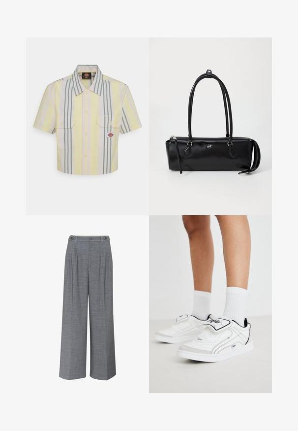 Izgriezta īsām piedurknēm krekls gaiši dzeltenā krāsā ar vertikālām zaļām un pasteļtoņu svītrām. Iezīmē divas krūšu kabatas un logo uzšuvumi uz kreisās kabatas.; Pelēki platajiem kājām bikses, izgatavotas no teksturēta auduma, ar divkāršu pogu aizdari un priekšējām krokām papildu dizaina detaļām.; Baltas sporta apavus ar gludu sintētisku virsotni, melniem akcentiem un Velcro siksniņu. Iezīmējas ar baltām ribotām zeķēm un vienkāršu zoles dizainu.; Melnas ādas rokassomiņas taisnstūra forma, gluda tekstūra, divas rokturi, rāvējslēdzēja aizdare un neliels logo priekšpusē.