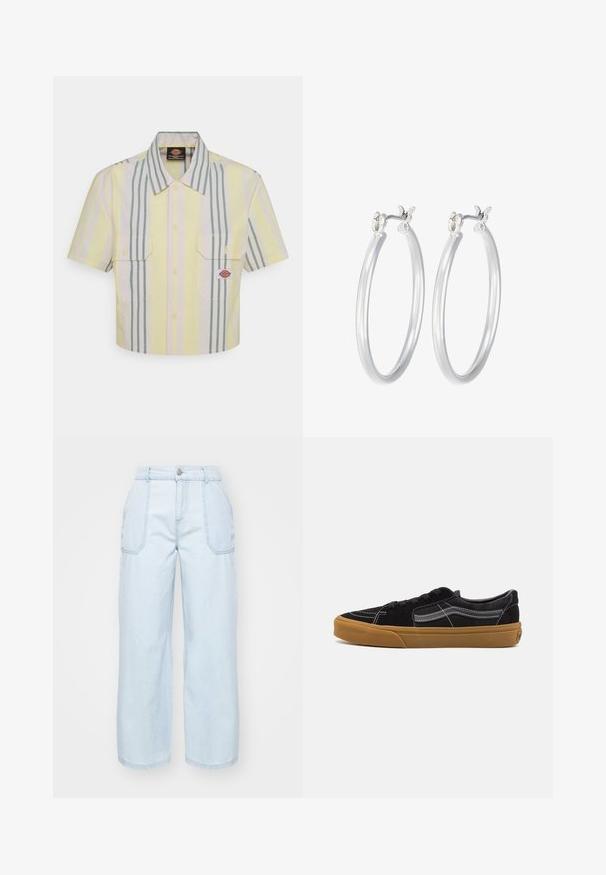 Šviesiai geltona trumpomis rankovėmis marškinėliai su vertikaliomis žaliomis ir pastelinių spalvų juostelėmis. Yra dvi krūtinės kišenės ir logotipo aplikacija kairėje kišenėje.; Šviesiai mėlyni plačios kojos džinsai pagaminti iš džinsinio audinio, su priekiniais mygtukais, dviem šoninėmis kišenėmis ir matomomis siuvimo detalėmis.; Juodi suede sportbačiai su balta siūle ir firminiu šoniniu juosteliu, turintys rudą gumos padą ir žemo profilio dizainą. Su juodais raišteliais.; Sidabriniai auskarai su sklandžiu, poliruotu paviršiumi. Apvalios formos ir saugus uždarymo mechanizmas. Lengvas dizainas, tinkantis kasdieniam dėvėjimui.