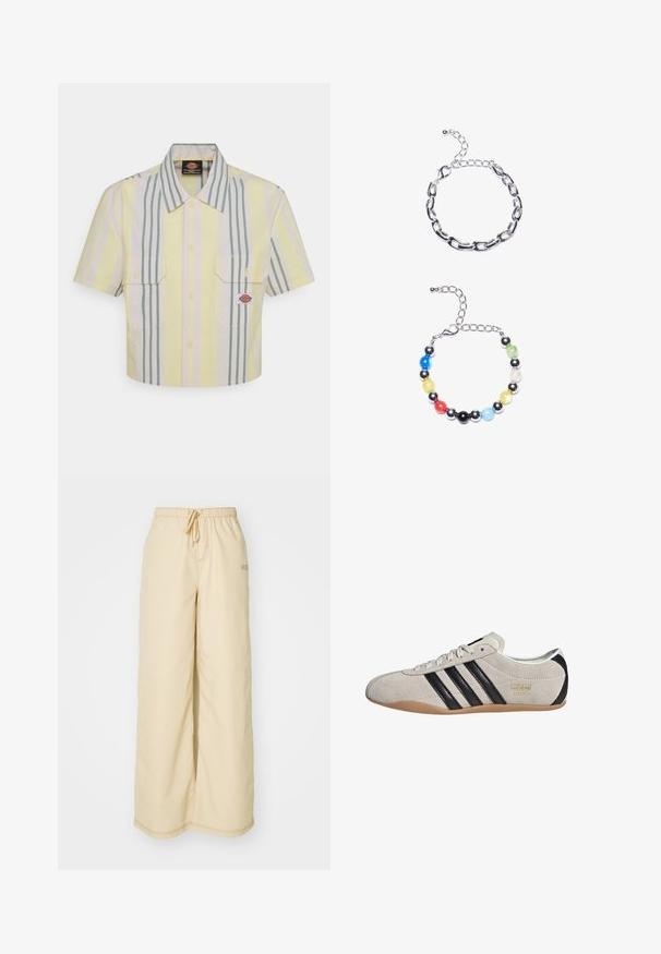 Šviesiai geltona trumpomis rankovėmis marškinėliai su vertikaliomis žaliomis ir pastelinių spalvų juostelėmis. Yra dvi krūtinės kišenės ir logotipo aplikacija kairėje kišenėje.; Sofos, kreminės spalvos, plačios kelnės, pagamintos iš minkštos medžiagos, su elastinga juosta ir raišteliu, šoninėmis kišenėmis ir subtiliomis siūlų detalėmis.; Suede sportbačiai su pilku viršumi, juodomis juostelėmis ir guminėmis padais. Yra šniūreliai ir auksinė logotipo detalė šone.; Sidabro grandinėlė su išilgiais žiedais viršuje. Apačioje – spalvinga karoliukų apyrankė su juodais, mėlynais, žaliais, geltonais, raudonais ir skaidriais karoliukais.