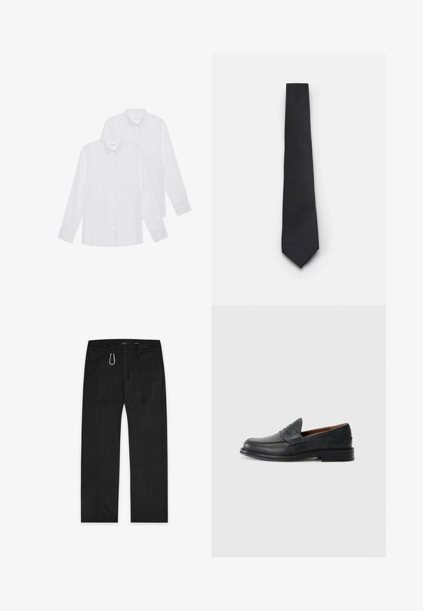 Deux chemises blanches à manches longues, avec des boutons sur le devant, un col et des poignets, fabriquées dans un tissu lisse sans motifs.; Pantalons noirs en tissu tissé, avec un design à jambes droites, deux poches latérales, une fermeture éclair à l'avant et un détail de boucle à l'extérieur.; Mocassins en cuir noir avec un design cousu, bout arrondi, petit talon empilé et style slip-on. Texture lisse avec une légère brillance.; Cravate noire étroite avec un motif en diagonale texturé et côtelé. Présente une pointe et une finition lisse. Convient aux tenues formelles.