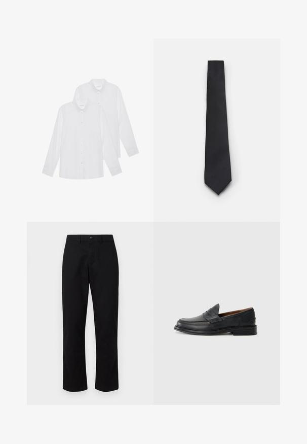 Balti ilgos rankovės marškiniai dviejuose paketuose, su mygtukų užsegimu, apykakle ir rankogaliais, pagaminti iš lygaus audinio be raštų.; GAP SLIM PERFORMANCE STRETCH - Chino stiliaus kelnės - true black; Juodos odinės laivelinės bateliai su siuvinėtu dizainu, apvalia nosimi, žemu sluoksniuota pakulne ir lengvu dėvėjimu. Sklandus paviršius su nežymiu blizgesiu.; Siaurukas juodas kaklaraištis su tekstūruota, įstrižine briaunų struktūra. Turėdamas smailą galą ir lygų paviršių. Tinka oficialiam apsirengimui.