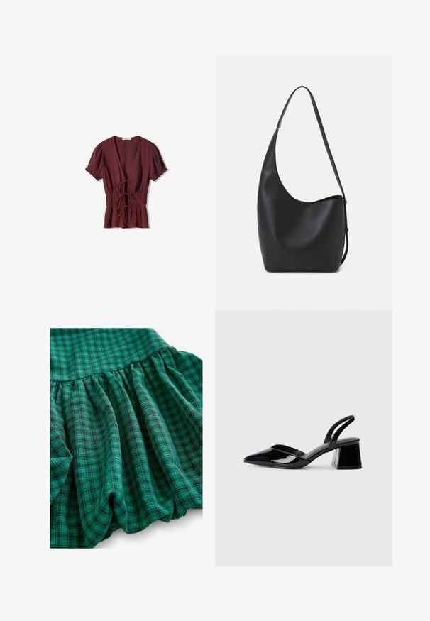Bordeaux-farbenes Kurzarmoberteil mit tiefem V-Ausschnitt, gerafftem Kordelzugbund und leicht strukturiertem Stoff. Ausgestellter Saum mit Rüschendetails.; Grüner Karostoff weist verschiedene Farbtöne, geraffte Textur und einen rüschigen Saum auf. Das Material wirkt atmungsaktiv und leicht.; Schwarze Lackleder-Slingback-High Heels mit spitzem Schuh und einem geometrischen Blockabsatz. Verfügt über ein schlankes, minimalistisches Design und eine glatte Textur.; Schwarze Leder-Hobo-Tasche mit einer glatten Textur, geschwungener Form und einem einzelnen verstellbaren Tragegurt; verfügt über eine weite Öffnung am oberen Ende.