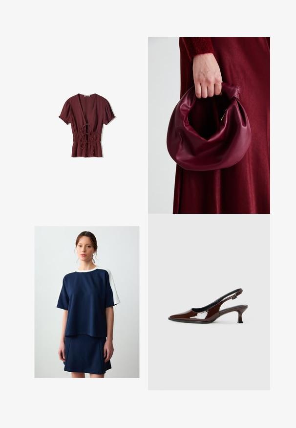 Bordeaux korthemd met een diepe V-hals, gathered koord taille en licht gestructureerde stof. Uitlopende zoom met rimpelaccenten.; Marineblauw casual top met witte schouderaccenten, korte mouwen en een losse pasvorm, gecombineerd met een bijpassende slanke rok. Gladde textuur.; Bruine gepatineerde leren slingback-schoen met een spitse neus en een gematigd hakje. Voorzien van een gespsluiting voor een veilige pasvorm. Glad van textuur.; Bordeaux leren handtas met een zacht, gegathered ontwerp en een ronde vorm. De handgreep is stevig bevestigd en toont een gladde textuur.