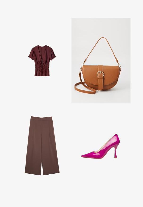 Top corto bordeaux a maniche corte con scollatura a V profonda, vita arricciata con lacci e tessuto leggermente testurizzato. Orlo svasato con dettagli volant.; Pantaloni ampi marroni con una texture liscia, caratterizzati da una vita alta e pieghe frontali. Il tessuto è leggero e scorre liberamente.; Scarpa con tacco alto in pelle verniciata rosa, con punta affusolata e tacco a stiletto sottile. Texture liscia con una finitura lucida.; Borsa a tracolla in pelle marrone con forma curvata, hardware dorato e un dettaglio con fibbia. Presenta una tracolla rimovibile.