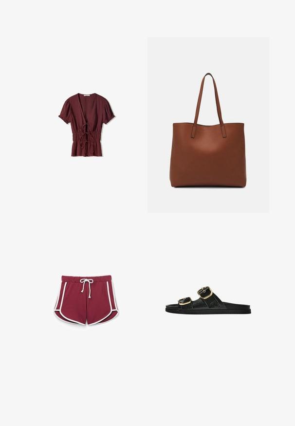 Bordowa bluzka z krótkim rękawem o głębokim dekolcie w kształcie litery V, zebrana w talii za pomocą sznurka i lekko teksturowana. Rozszerzający się dół z falbanami.; Bordowe szorty sportowe o miękkiej fakturze, z białym sznurkiem i białymi akcentami po bokach, zaprojektowane z myślą o komforcie i swobodzie ruchów.; Czarne klapki z dwoma złotymi klamrami, gładki materiał, płaska podeszwa i minimalistyczny design.; Brązowa skórzana torba tote o gładkiej fakturze, z otwartym wierzchem i dwoma ramiączkami. Charakteryzuje się minimalnym przeszyciem i brakiem widocznych elementów metalowych.