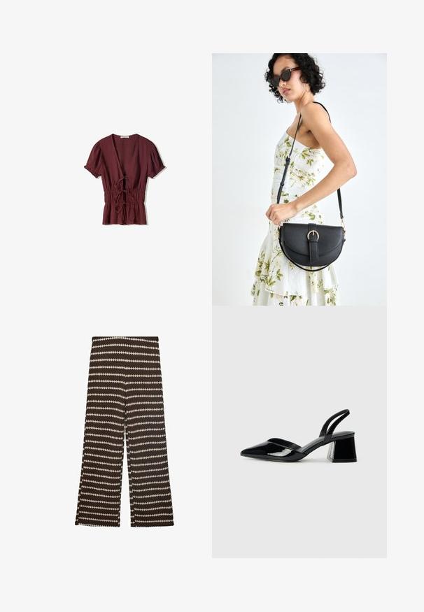 Bordeaux korthemd met een diepe V-hals, gathered koord taille en licht gestructureerde stof. Uitlopende zoom met rimpelaccenten.; Wijdvallende broek in donkerbruin met contrasterende crèmekleurige zigzagstrepen. Gemaakt van een textiele stof en heeft een comfortabele middellange taille.; Zwarte gepatineerde leren slingback hakken met een spitse neus en een geometrische blokhak. Kenmerkt zich door een slank, minimalistisch ontwerp en een gladde textuur.; Zwarte leren handtas met een gebogen vorm, afneembare schouderband en gouden hardware. De tas heeft een klep met een gespsluiting.