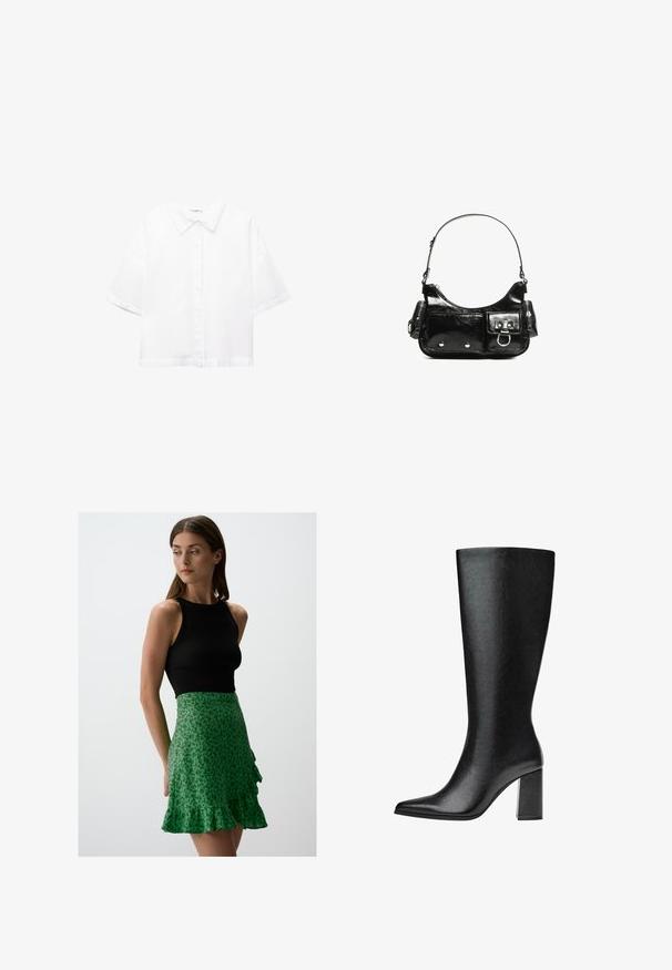 Witte kortek Mouwen Katoenen Overhemd met een klassieke kraag, voorkant knoopsluiting en een ontspannen pasvorm. Gladde textuur zonder patronen.; Jimmy Key FLORAL PATTERNED REGULAR - A-lijn rok - green; Zwarte laars tot de knie van faux leer met een spitse neus, een gladde textuur en een chunky blokhak. Minimalistisch ontwerp zonder zichtbare accenten.; Zwarte laarzen in lakleer met een gebogen vorm, één schouderband, voorvakken en accenten in zilverkleurig metaal.