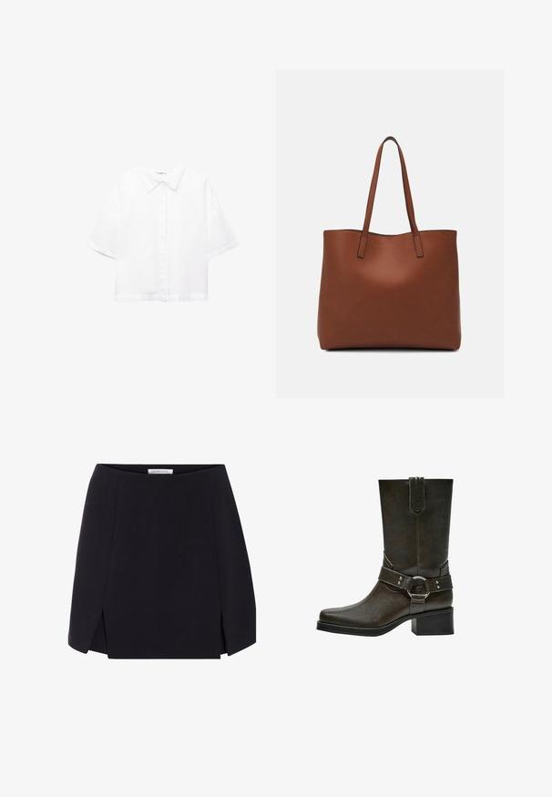 Camicia bianca a maniche corte in cotone con colletto classico, chiusura frontale con bottoni e vestibilità rilassata. Tessuto liscio senza motivi.; Gonna nera a linea A con una texture liscia, caratterizzata da spacchi laterali e un design pulito e minimalista. Etichetta visibile in vita.; Stivale alla caviglia in pelle marrone con punta quadrata, tacco a blocco corto e cinturino decorativo con fibbia in argento. Texture liscia, design semplice.; Borsa tote in pelle marrone con texture liscia, design con apertura superiore e due spallacci. Presenta cuciture minime e nessun hardware visibile.