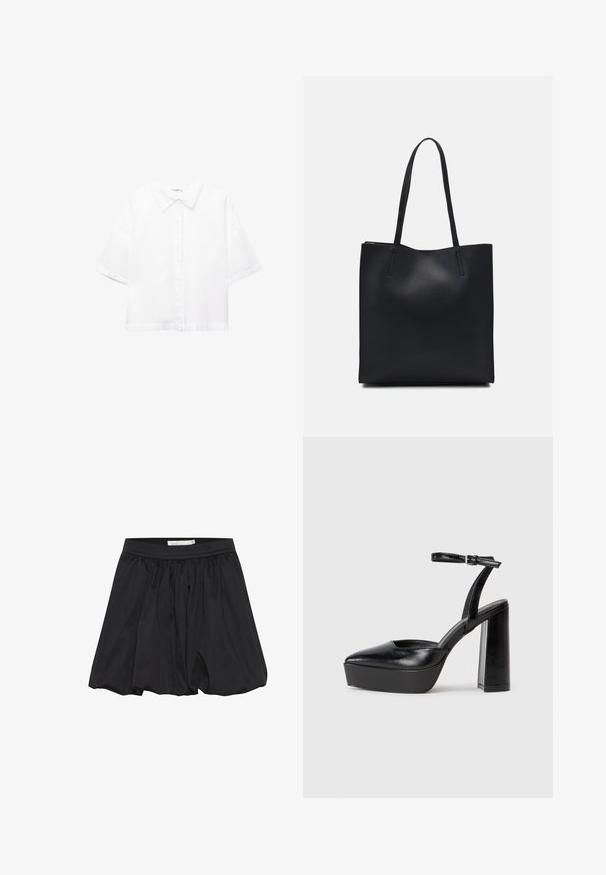 Biela krátkozraká košeľa vyrobená z bavlny s klasickým golierom, predným zapínaním na gombíky a uvoľneným strihom. Hladká textúra bez vzorov.; Čierna sukňa so zhromaždeným materiálom a elastickým pásom, s hladkou textúrou a uvoľneným, rozšíreným strihom.; Čierne platformové podpätky so špicatou špičkou a nastaviteľným členkovým remienkom. Vyrobené z hladkej kože a so robustným blokovým podpätkom.; Čierna kožená taška na rameno s hladkým povrchom, obdĺžnikovým tvarom a dvoma dlhými uchami. Bez viditeľného kovania alebo ozdôb.