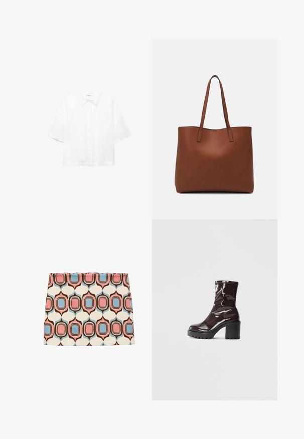 Bela kratka srajca s kratkimi rokavi, izdelana iz bombaža, s klasičnim ovratnikom, sprednjim zapiranjem na gumbe in sproščenim prileganjem. Gladka tekstura brez vzorcev.; Kratka krilna obleka v smetanasti barvi, ki ima geometrijske oblike v rožnati, modri in rjavi barvi. Gladka tkanina s prilegajočim dizajnom in ravnim robom.; Sijajan škrlatank z bleščečim videzom, z masivnim črnim peto, ki se ponaša z gladko teksturo in preprostim dizajnom. Brez vidnih zapenjal ali vzorcev.; Rjava usnjena torba z gladko teksturo, odprto zasnovo zgoraj in dvema naramnima trakovoma. Opremljena je z minimalnim šivanjem in brez vidnih kovinskih delov.