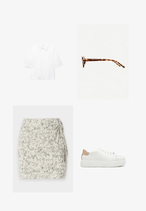 Biela krátkozraká košeľa vyrobená z bavlny s klasickým golierom, predným zapínaním na gombíky a uvoľneným strihom. Hladká textúra bez vzorov.; Kvetinová minisukňa v svetlozelenej a krémovej farbe s nariadenou bočnou časťou a čiernymi akcentmi. Mäkká, textúrovaná látka s prekrývajúcim sa dizajnom.; Biele kožené tenisky s textúrovaným povrchom, béžový akcent na päte, päť dierok na šnurovanie a hrubá biela gumová podrážka.; Slnkové okuliare v korytnačkovom vzore s hrubým rámom, mierne zakrivenými stranami a hladkým povrchom. Majú klasický dizajn s lesklým povrchom.; Bershka WITH CHAIN - Kabelka - black